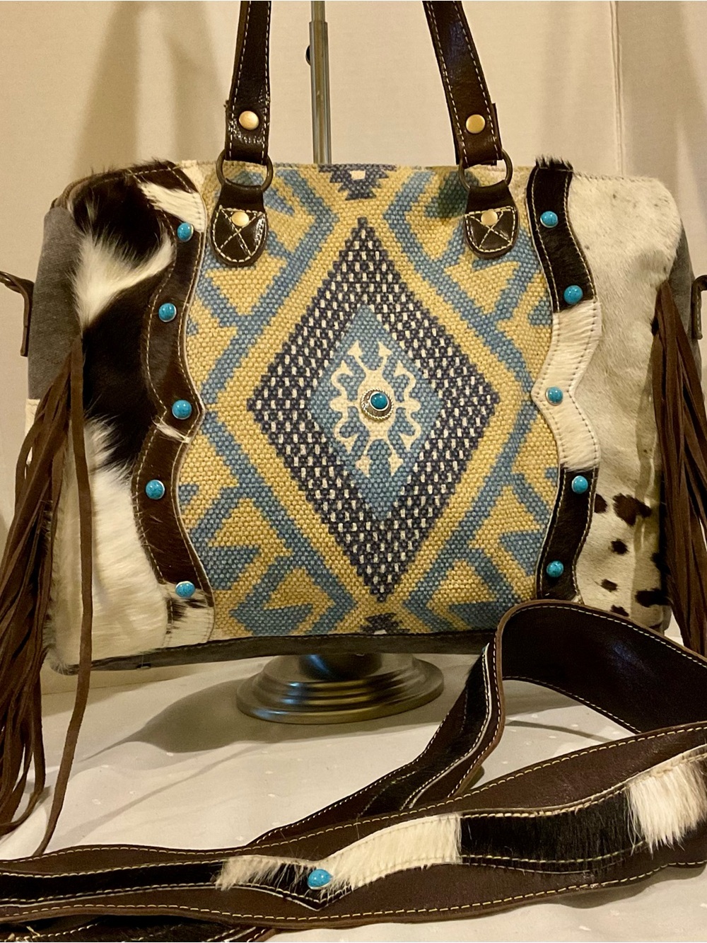 MYRA NEEDLEPOINT HANDBAG, LEATHER & HAIR CALF MATCHING GUITAR / SHOULDER STRAP - Picture 9 of 15